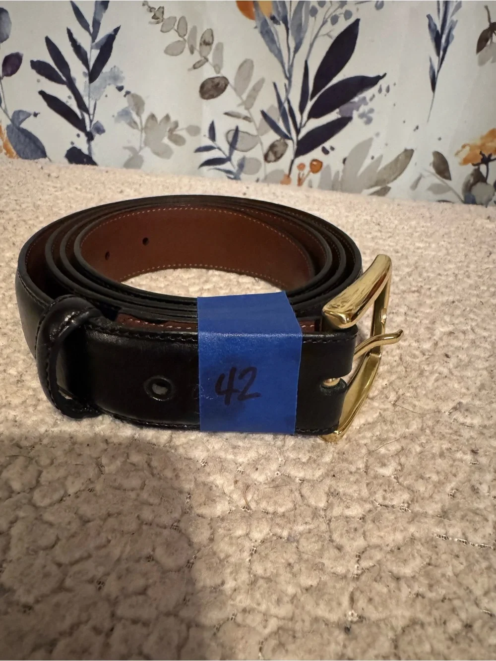 Men's Black Leather Belt with Polished Gold Buckle Size 42